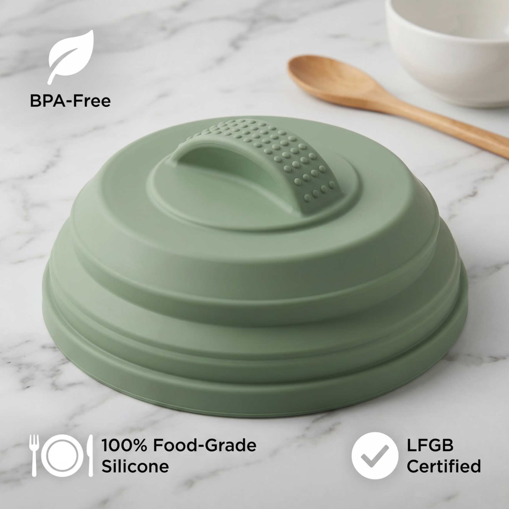Close-up of premium sage green food-grade silicone texture on a kitchen counter