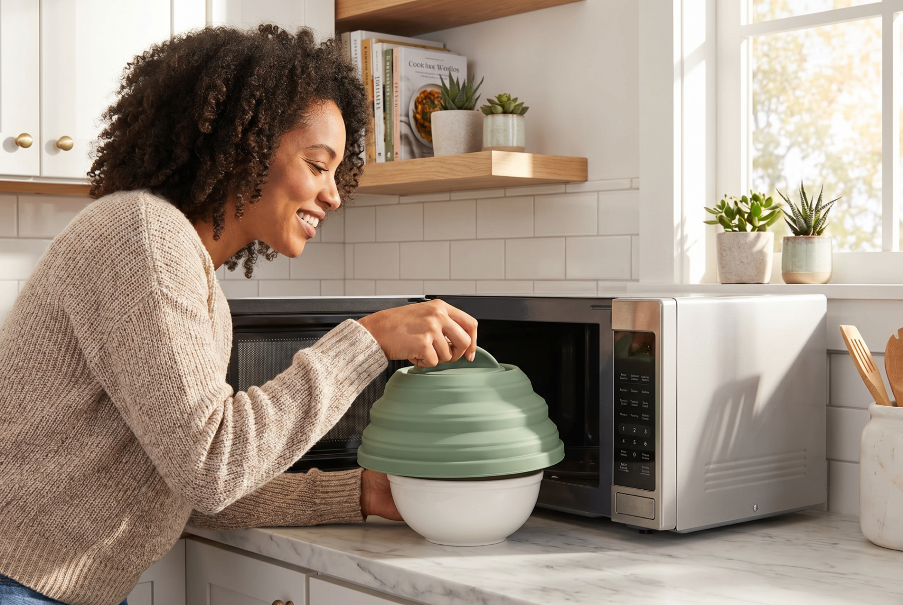 Woman using the sage green Circular cover with a microwave in a bright kitchen